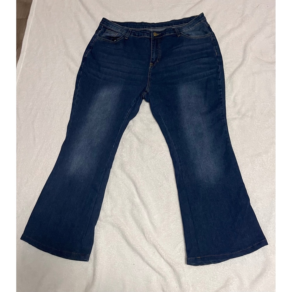 Womens Dark Wash Flare Jeans High Waisted Stretch Denim Size 2XL